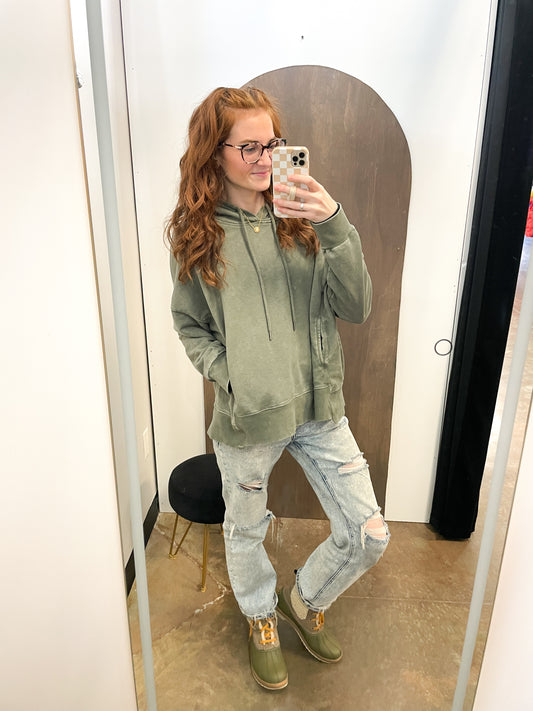 Mineral Wash Oversized Pullover Hoodie | Olive