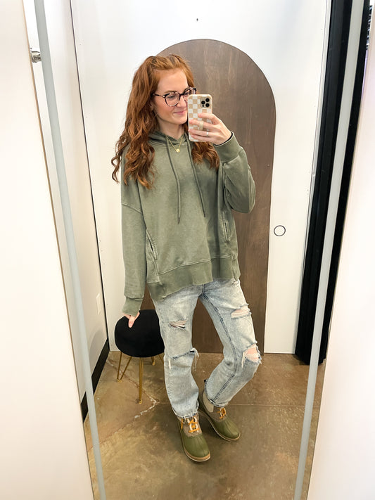 Mineral Wash Oversized Pullover Hoodie | Olive