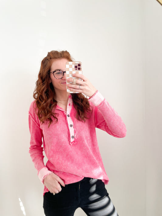 Hot Pink Distressed Waffleknit Henley