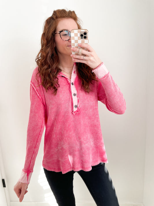 Hot Pink Distressed Waffleknit Henley